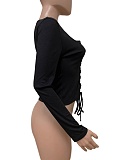 Solid Color Slim Fit Cardigan Lace-Up Large U-Neck Ribbed Long Sleeve Top