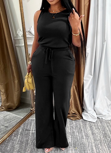 Fashionable And Casual Sleeveless Lace-Up Solid Color Jumpsuit For Women