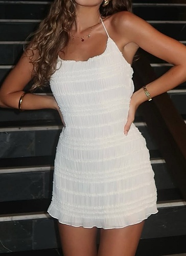 White Summer Sexy Slim Fit Halter Neck Ruffle Dress