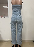 Bandeau Cardigan Button Large Pocket Washed Denim Jumpsuit