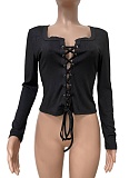 Solid Color Slim Fit Cardigan Lace-Up Large U-Neck Ribbed Long Sleeve Top