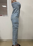 Bandeau Cardigan Button Large Pocket Washed Denim Jumpsuit