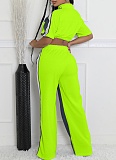 Denim Patchwork Stand Collar Zipper Top Wide Leg Pants Two Piece Set