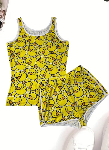 Casual Yellow Duck Print Sleeveless Vest Sexy Shorts Sports Two-Piece Set