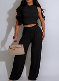 Elastic Crumpled Loose Sleeveless Top Wide Leg Pants Two-Piece Set