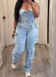 Bandeau Cardigan Button Large Pocket Washed Denim Jumpsuit