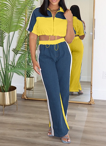 Denim Patchwork Stand Collar Zipper Top Wide Leg Pants Two Piece Set
