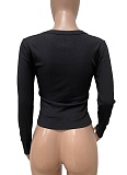 Solid Color Slim Fit Cardigan Lace-Up Large U-Neck Ribbed Long Sleeve Top