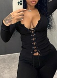 Solid Color Slim Fit Cardigan Lace-Up Large U-Neck Ribbed Long Sleeve Top