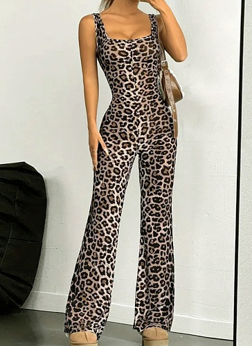 Summer Slim Backless Leopard Print Flared Jumpsuit For Women