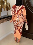 V-Neck Short-Sleeved Slim-Fit Printed Slit Hip Dress