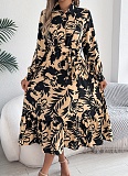 Casual Floral Print Long Sleeve Ruffle Shirt Maxi Dress