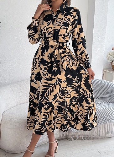 Casual Floral Print Long Sleeve Ruffle Shirt Maxi Dress