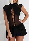 Spring And Summer Half Turtleneck Tie Hollow Mesh Splicing Pleated Dress