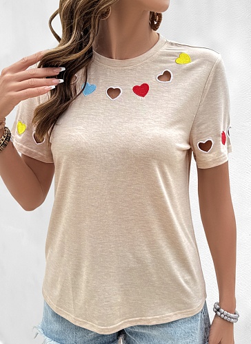 Casual Sweet Style Heart Embroidered Hollow Short-Sleeved T-Shirt