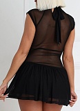 Spring And Summer Half Turtleneck Tie Hollow Mesh Splicing Pleated Dress