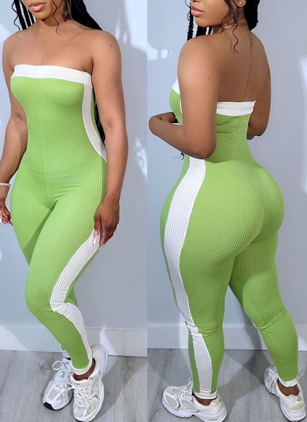 Sexy Tube Top Contrast Color Tight Sports Jumpsuit