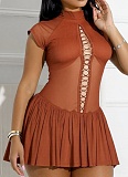 Spring And Summer Half Turtleneck Tie Hollow Mesh Splicing Pleated Dress