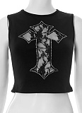 Cross Embroidery Hot Diamond Round Neck Sleeveless Navel Bare Vest