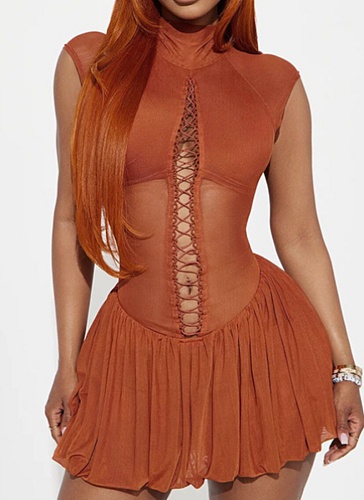 Spring And Summer Half Turtleneck Tie Hollow Mesh Splicing Pleated Dress