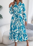 Casual Floral Print Long Sleeve Ruffle Shirt Maxi Dress