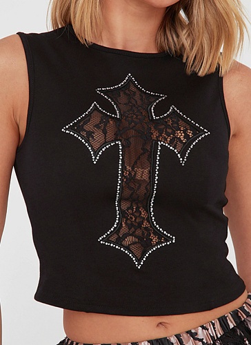 Cross Embroidery Hot Diamond Round Neck Sleeveless Navel Bare Vest