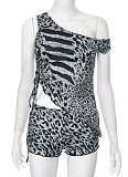 Fashionable Backless Zebra Print Off-Shoulder Tie Top And Shorts Two-Piece Set