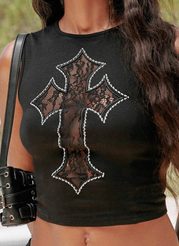 Cross Embroidery Hot Diamond Round Neck Sleeveless Navel Bare Vest