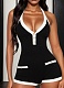 Contrast Color V-Neck Halter Neck Tie Backless Button-Decorated Jumpsuit
