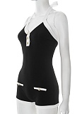 Contrast Color V-Neck Halter Neck Tie Backless Button-Decorated Jumpsuit