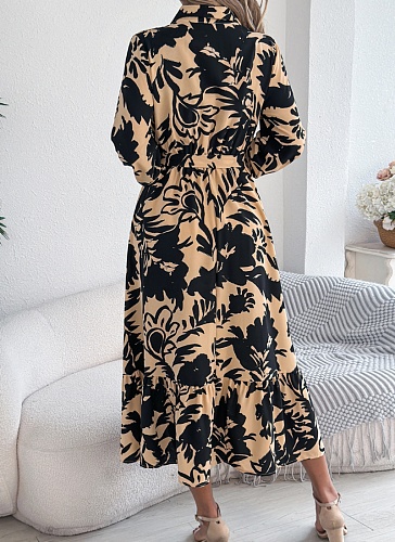 Casual Floral Print Long Sleeve Ruffle Shirt Maxi Dress