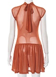 Spring And Summer Half Turtleneck Tie Hollow Mesh Splicing Pleated Dress