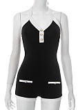 Contrast Color V-Neck Halter Neck Tie Backless Button-Decorated Jumpsuit