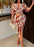 V-Neck Short-Sleeved Slim-Fit Printed Slit Hip Dress