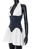 Contrast Color Halter Neck Hollow Tie Backless Waist Dress