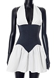 Contrast Color Halter Neck Hollow Tie Backless Waist Dress