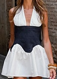 Contrast Color Halter Neck Hollow Tie Backless Waist Dress