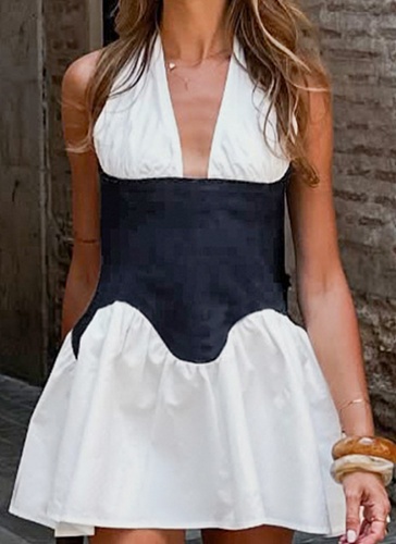 Contrast Color Halter Neck Hollow Tie Backless Waist Dress