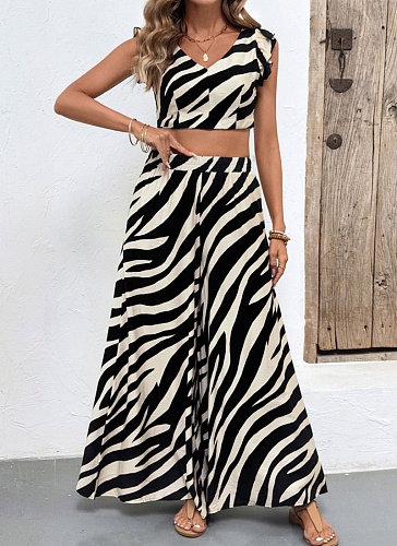 Personalized Trendy Sleeveless Top Wide-Leg Pants Zebra Print Two-Piece Suit