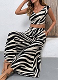 Personalized Trendy Sleeveless Top Wide-Leg Pants Zebra Print Two-Piece Suit