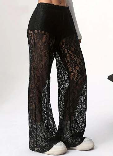 Fashionable Lace Jacquard Slightly Transparent Stitching Straight Casual Pants