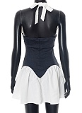 Contrast Color Halter Neck Hollow Tie Backless Waist Dress