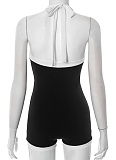 Contrast Color V-Neck Halter Neck Tie Backless Button-Decorated Jumpsuit