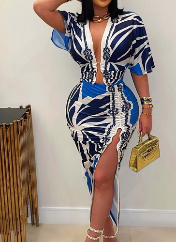 V-Neck Short-Sleeved Slim-Fit Printed Slit Hip Dress