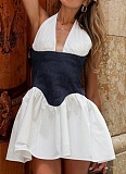Contrast Color Halter Neck Hollow Tie Backless Waist Dress