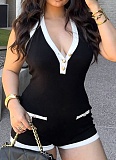 Contrast Color V-Neck Halter Neck Tie Backless Button-Decorated Jumpsuit