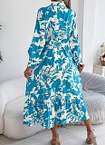 Casual Floral Print Long Sleeve Ruffle Shirt Maxi Dress