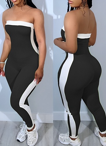 Sexy Tube Top Contrast Color Tight Sports Jumpsuit