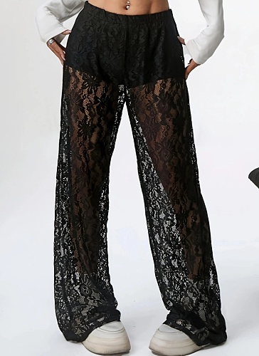 Fashionable Lace Jacquard Slightly Transparent Stitching Straight Casual Pants