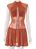 Spring And Summer Half Turtleneck Tie Hollow Mesh Splicing Pleated Dress